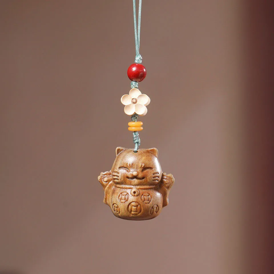 Wooden Copper Coin & Gold Coin Cat Phone/Car Pendant - Lucky Cat Plaque Bag Decoration, Couple Style Pendant Ornament