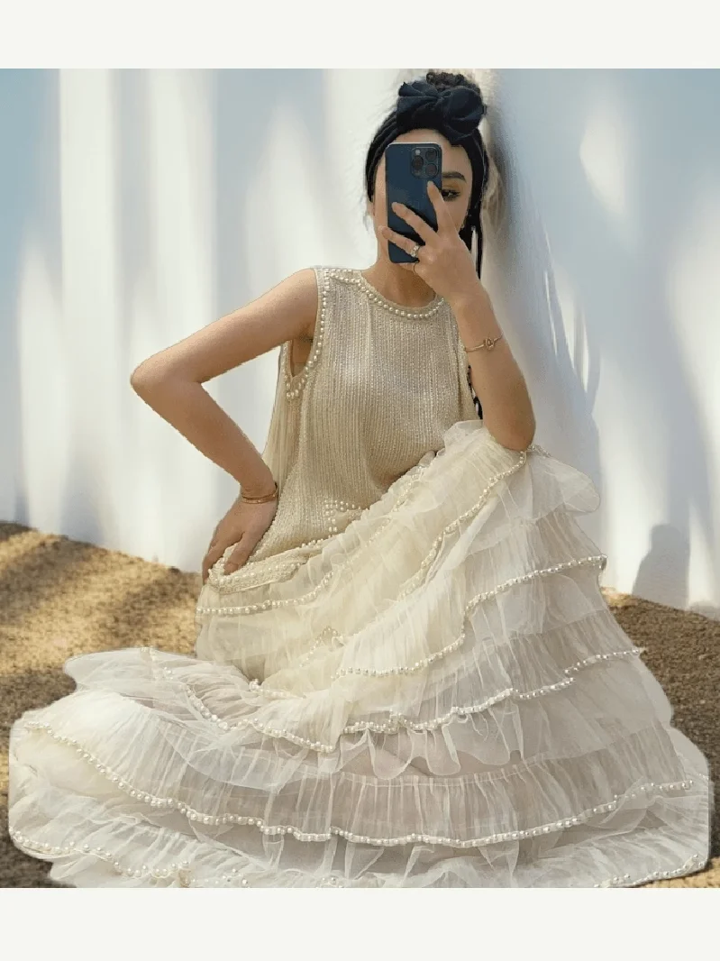 

Original Heavy Industry Daisy Beaded Tulle Cake Skirt High Waist Loose Fit Summer Thin Medium Length Pure Color f Body Lon...