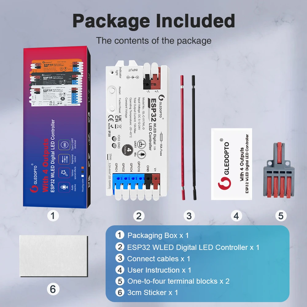 

10GLEDOPTO Elite 4-канальный контроллер WLED ESP32, Ethernet и Wi-Fi, синхронизация музыки, предохранитель 20А, для светодиодных лент WS2812B SK6812 RGB IC DIY