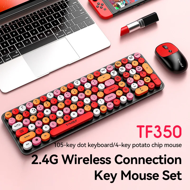 2024 Hot Sales T-Wolftf350 Wireless Keyboard And Mouse Set Girl'S Colorful Punk Retro Mouth Red Round Key Hat Long Battery Life