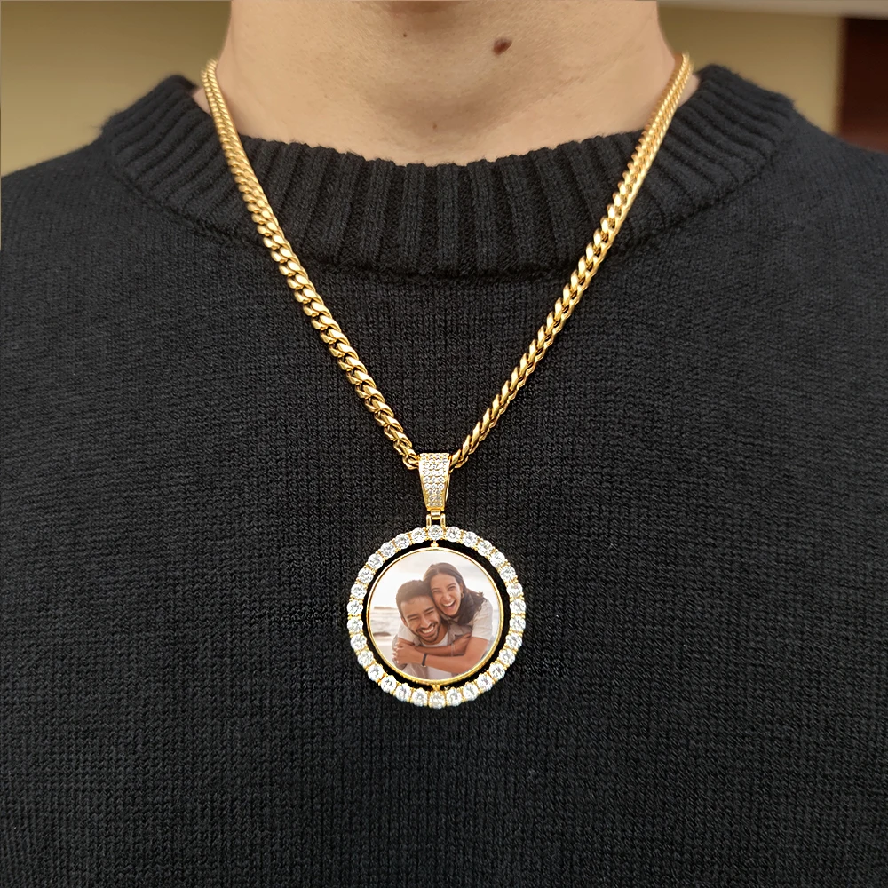 Custom Rotating Double Sides Photo Medallions Pendant Necklace Iced out Circle Photo Chain Pendant Couple Valentine's Day gift