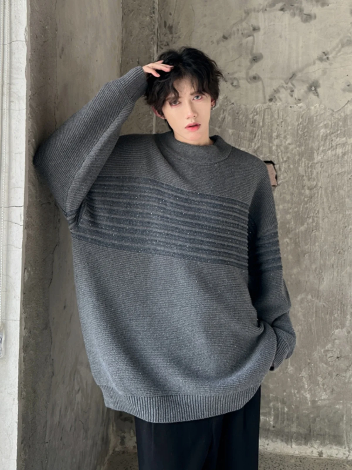 

ay Mid-Ne American Sle Knitted Sweater Men's Heavyweight Striped Loose Fit Autumn Winter Casual Soft Comfortable Long S...