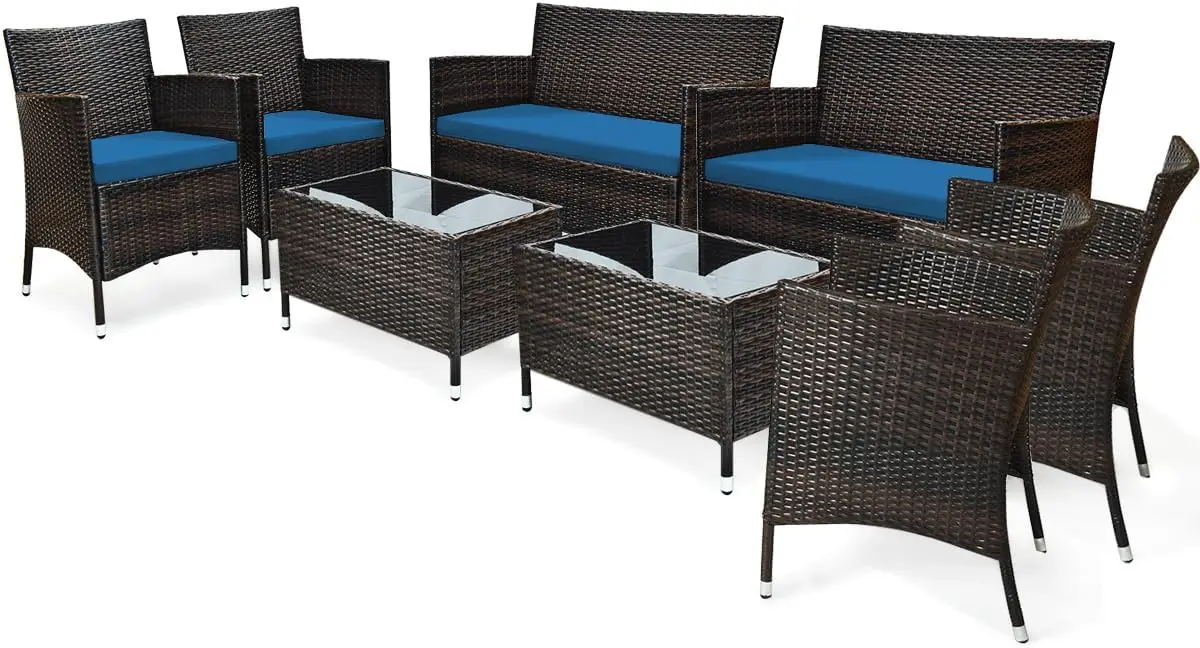 

8 Pieces Patio Rattan Conversation Set with Tempered Glass Coffee Table & Thick Cushion, Wicker Set for Garden, Lawn, Poolside a