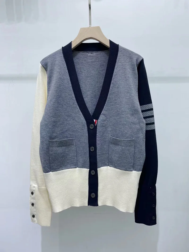 Cardigan lavorato a maglia da donna autunno e inverno da donna con scollo a v color block maglione allentato casual giacca lavorata a maglia a maniche lunghe