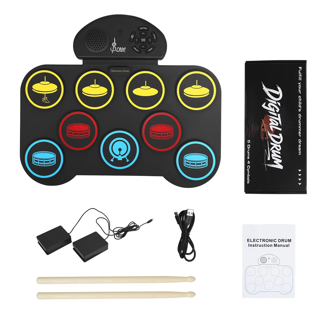 SD-9 Roll-Up Electronic Drum Set Recording Function Electronic Drum with Built-in Speaker 9 Pad 7 Drum Kit 10 Rhythm for All Age