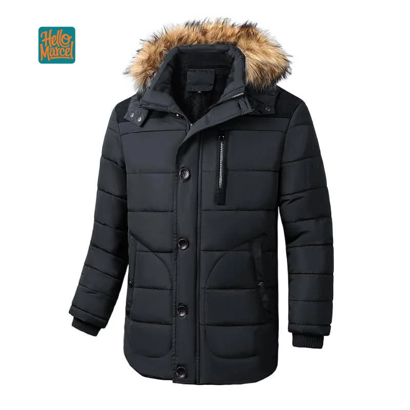 

HELLOMARCEL Top Quality EU US Size Winter Thick Cold-Proof Plus Size Men Fur Collar Padded Jacket with Fleece Lining
