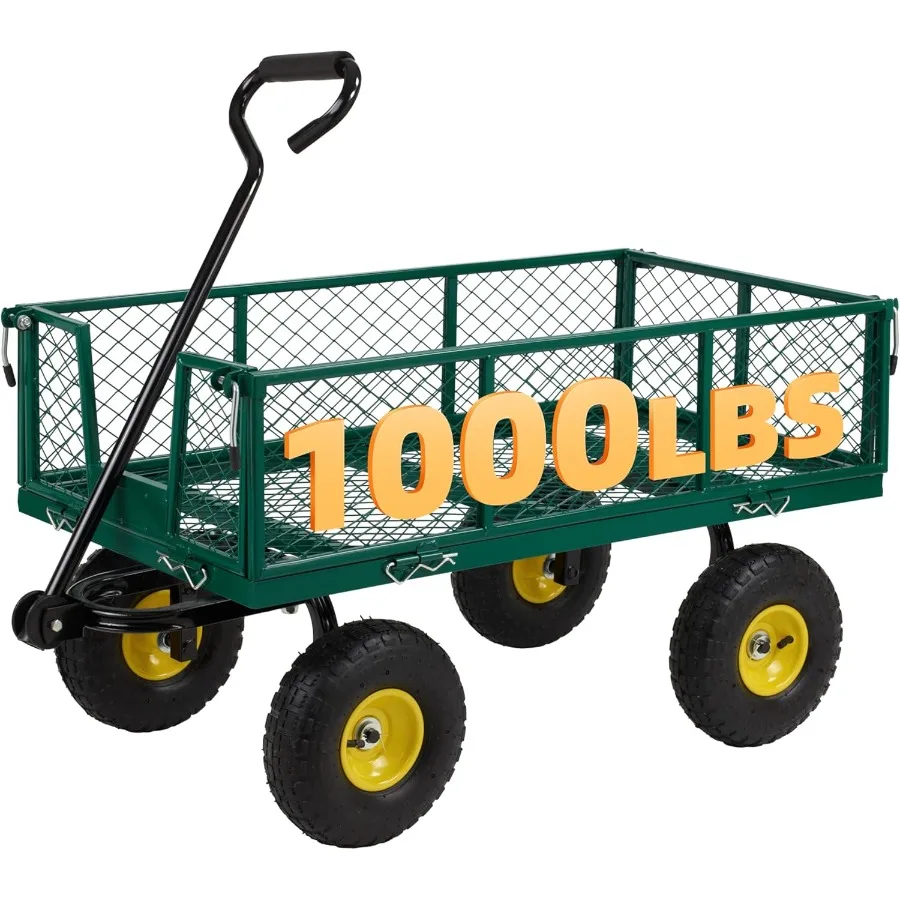 

Heavy Duty 1000 Lbs Capacity Mesh Steel Garden Cart Pullable Garden Wagons Carts on Wheels with Folding Utility Wagon Featuring