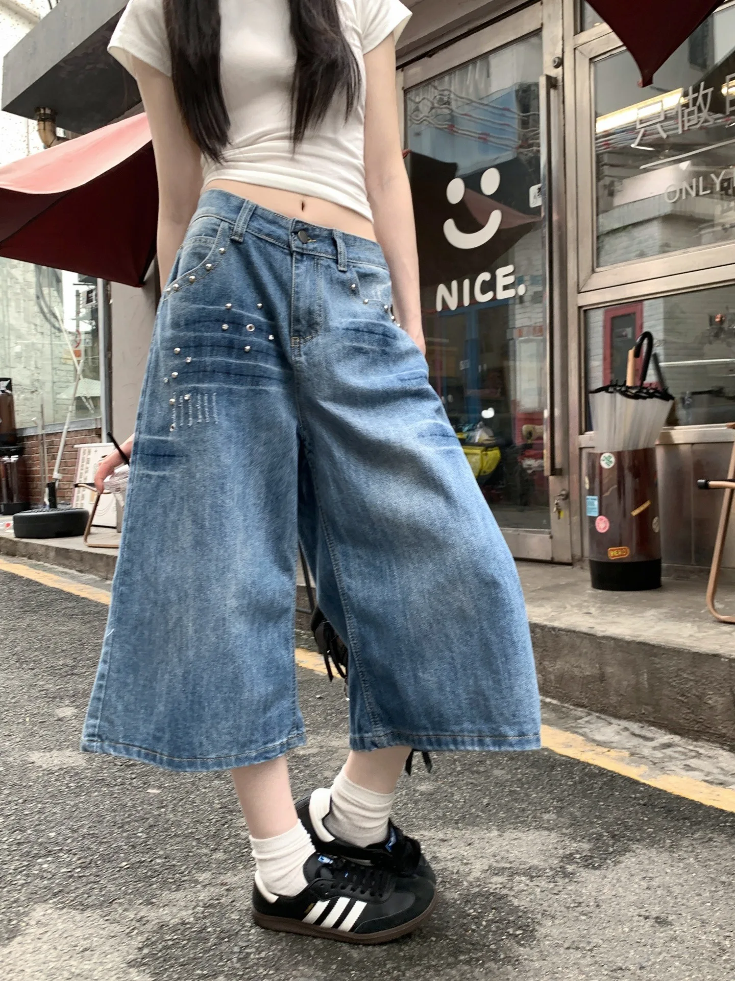 

Blue Wide Leg Jeans Women's Loose Straight Washed Summer Denim Pants American Style Rivets Casual Style Natural Waist