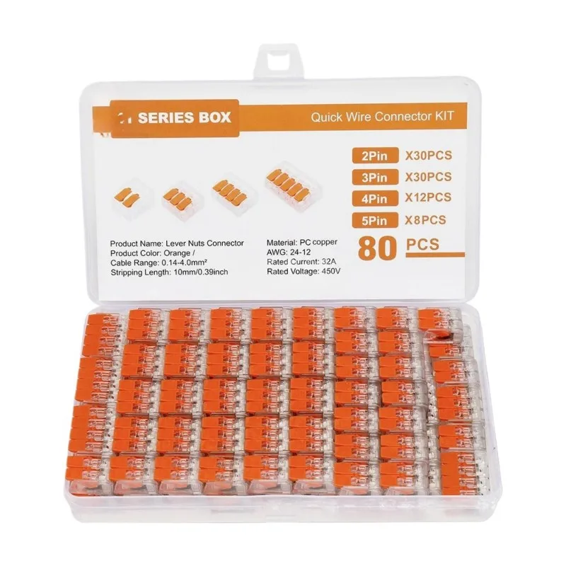 B08B-Fireproof PC Block 80 Pcs Electrical Connector Terminal Kit 2/3/4/5 Input Capacities With Levers For 412 413 414 415 Wires