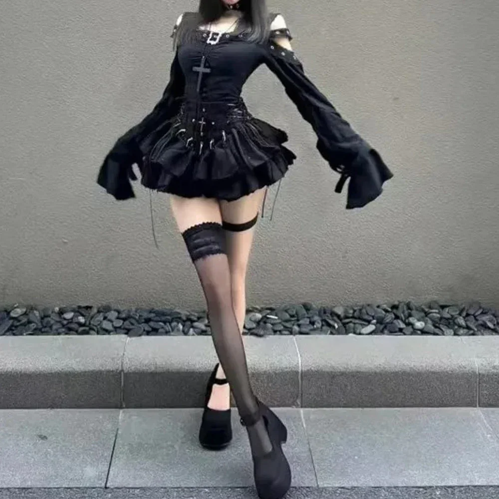 

Two Piece High Waist A-line Mini Skirts Suit Harajuku Sets Y2k Clothes Off Shoulder Square Collar Women Tshirts Japanese Outfits