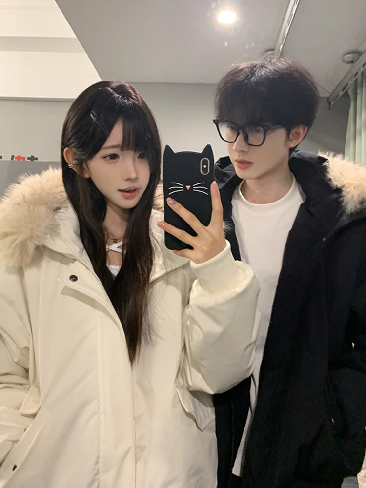 Хлопковая куртка с капюшоном в стиле ретро в американском стиле и меховым воротником для мужчин и женщин, зимняя теплая верхняя одежда, пальто для пар