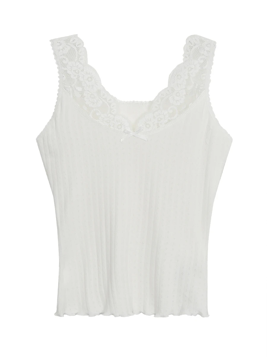 レッドセレブリティスタジオストラップベスト レディース 新作 2025 夏 アウトドアウェア ホワイトレース ショートデザイン ノースリーブトップ コットン 通勤スタイル