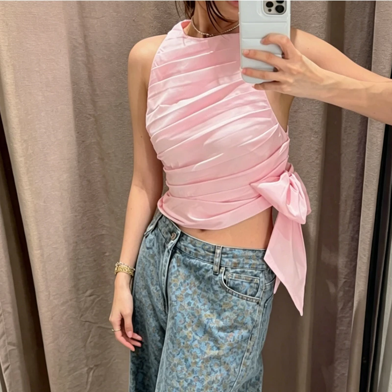 HXAO Pleats Halter Tops For Woman Crop Sleeveless Tank Top Summer Female Pink Asymmetric Off Shoulders Vest Chic Going Out Top