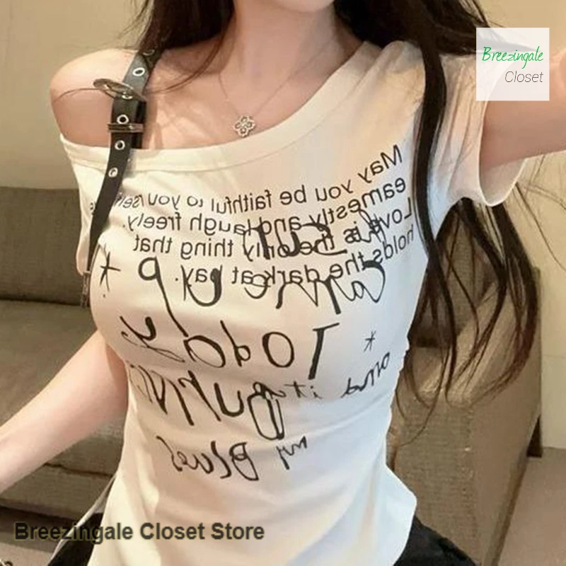 American irregular diagonal shoulder short sleeve T-shirt female summer spice girl one-word shoulder top design beautiful shirt