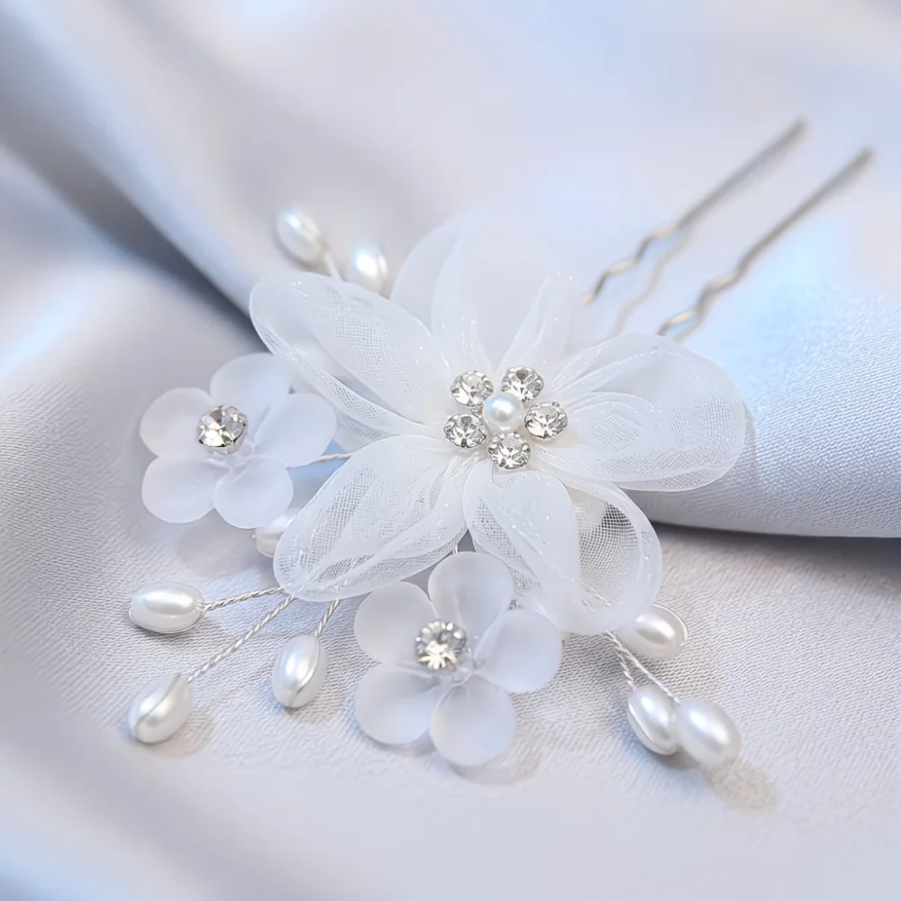 2-Piece White Organza Flower Wave U-Shaped Hair Fork Hairpins, Suitable for Wedding Bridal Updo and Photo Hairstyle Decoration image 3