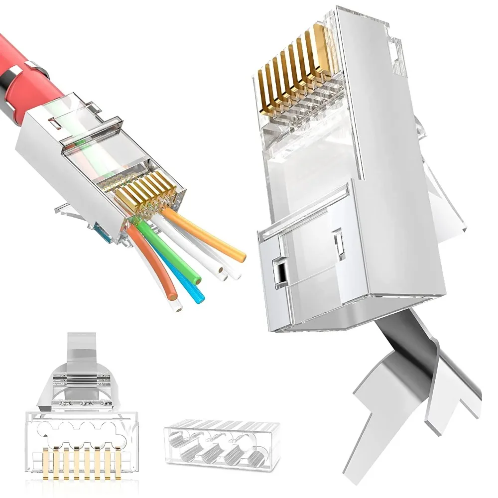 10PCS Shielded RJ45 Pass Through Crystal Head Cat6A Cat7 3 Prong 8P8C Gold Plated 2-Piece Split Modular Network Ethernet Plug