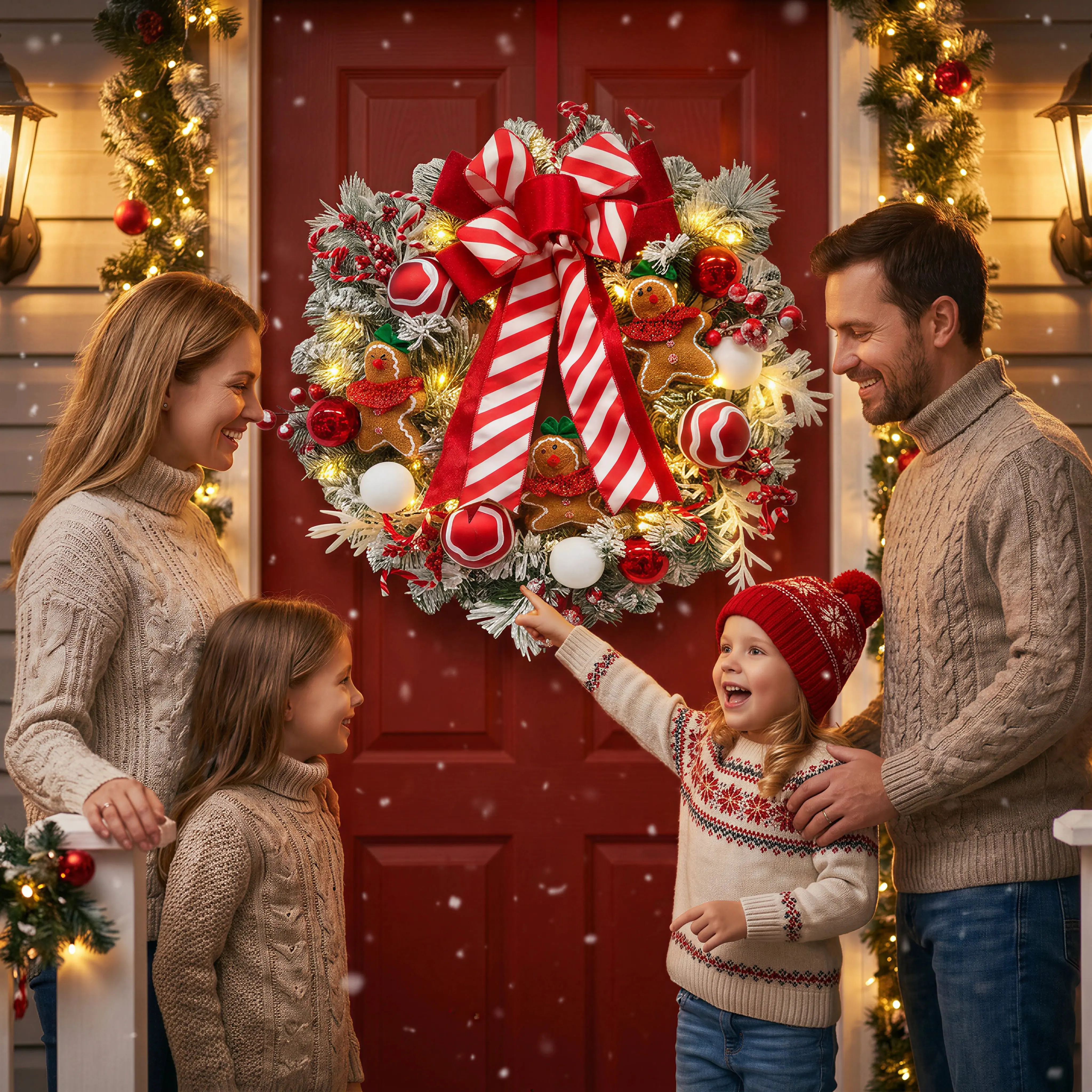 24 Inch Lighted Christmas Wreath for Front Door with Gingerbread Man Ribbon, Festive Holiday Xmas Door Wreath Decor for Entryway, Porch, Wall, Fireplace Mantel, Indoor Outdoor Home and Party Decoration