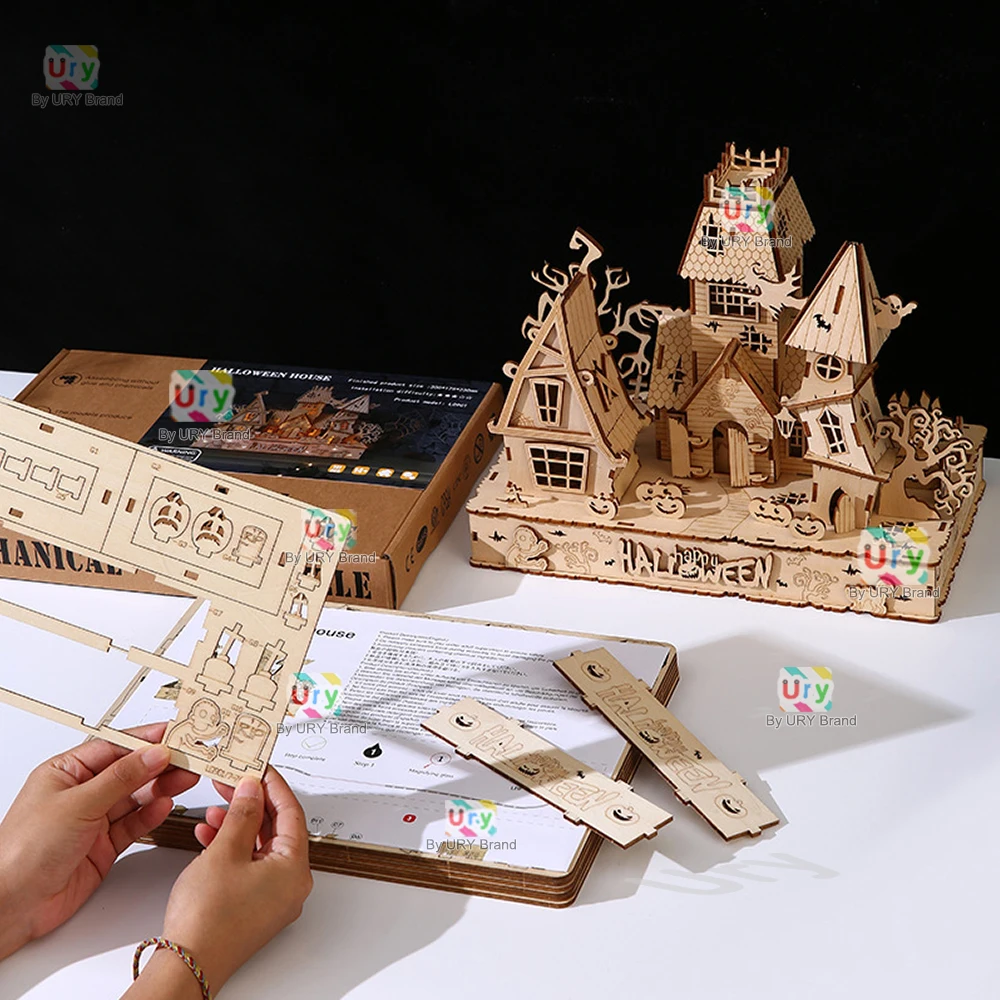 URY-rompecabezas de madera 3D para niños, casa encantada de Halloween, luz de árbol fantasma, modelo DIY, Kits de manualidades, juguetes de decoración de escritorio, regalo para niños, nuevo