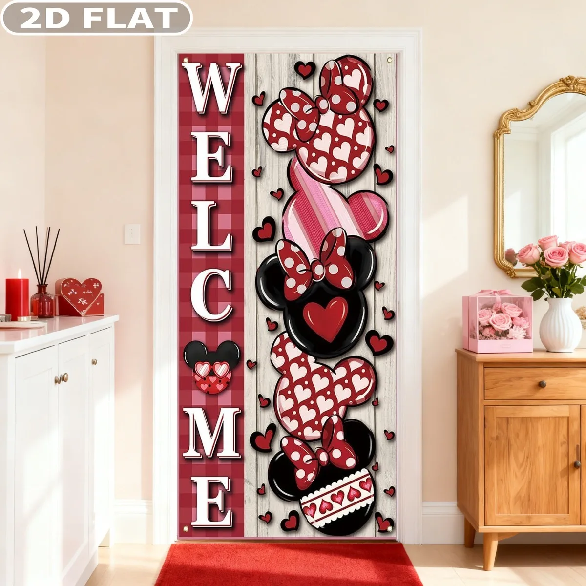 

1pc Valentines Day Photo Booth Props Door Cover with Ribbon, 3x6 FT Durable Polyester Valentines Day Banner Pink Cartoon Mouse
