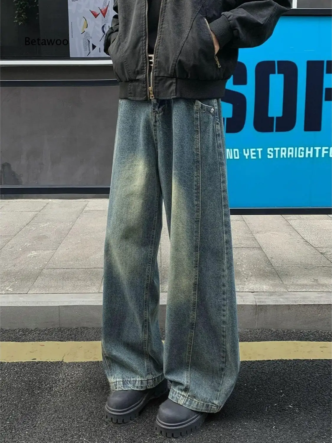 Loose Baggy Wide Leg Denim Trousers For Men Light Blue Wash Denim Fabric For Daily Street Style And Casual Outfit Matching