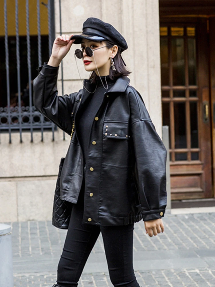 Leather jacket 2025 new women's coat Spring and Autumn motorcycle handsome loose embroidery rivet heavy industry PU jacket