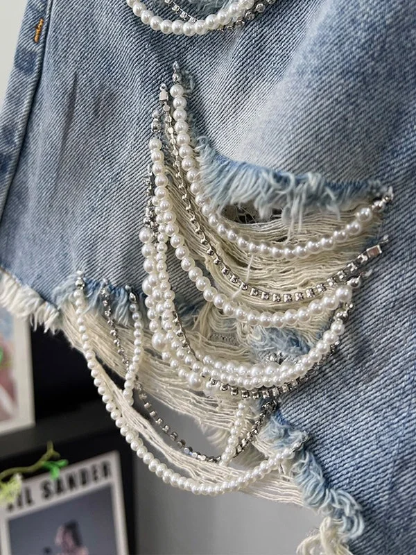 High Waist Loose Fit Pearl Chain Detail Distressed Denim Shorts Women's Vintage Style Commute Fashion Wide Leg Pants