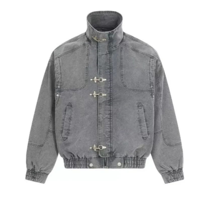 2026 Autumn New Korean Retro Men's Airplane Buckle Decoration Zipper Jacket Japanese Fashion Casual Loose Streetwear Coat