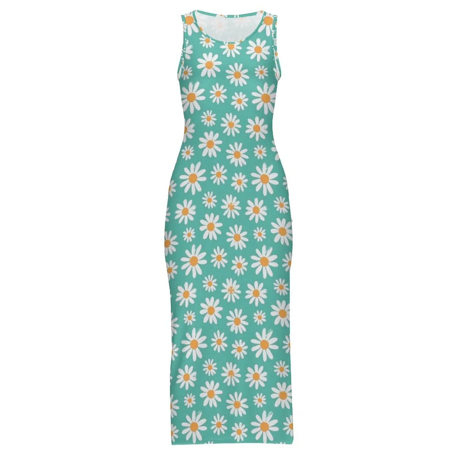 Abito bianco retrò a fiori senza maniche margherite floreale sottile maxi abiti sexy modello moda estiva abito aderente taglia grande 3XL 4XL