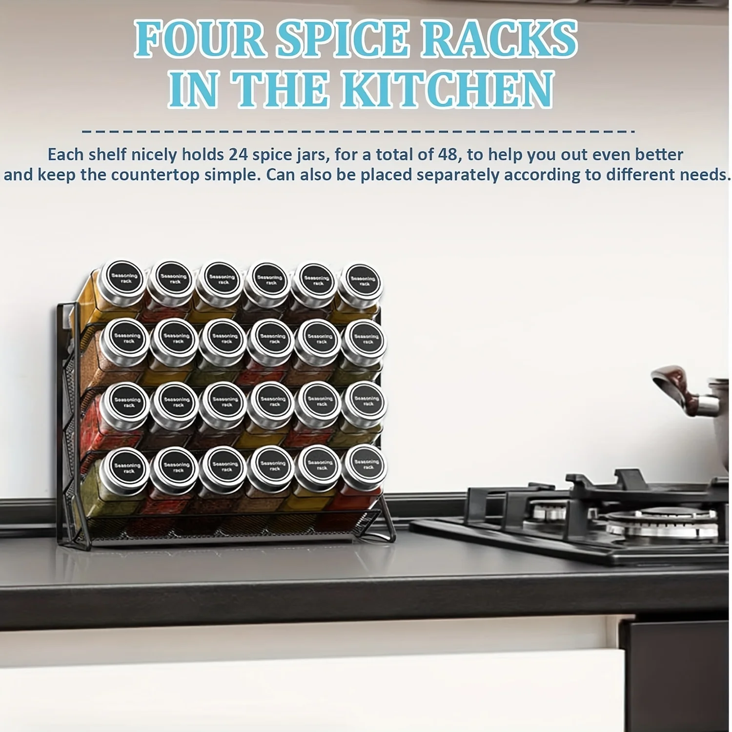 4 Tier Spice Rack Organizer for Countertop, Seasoning Jar Holder, Kitchen Cabinet Pantry Storage Shelf for 24 Jars