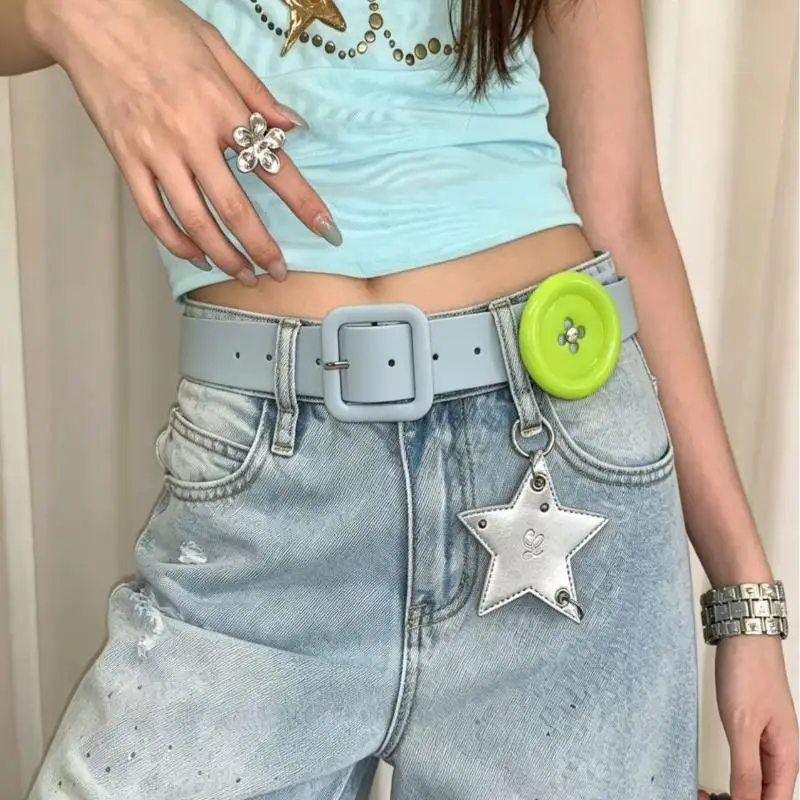 1Pcs Summer Women PU Leather Belt Trendy Y2K Korean Colorful Button Waist Belt for Girls Vacation Street Fashion Wear