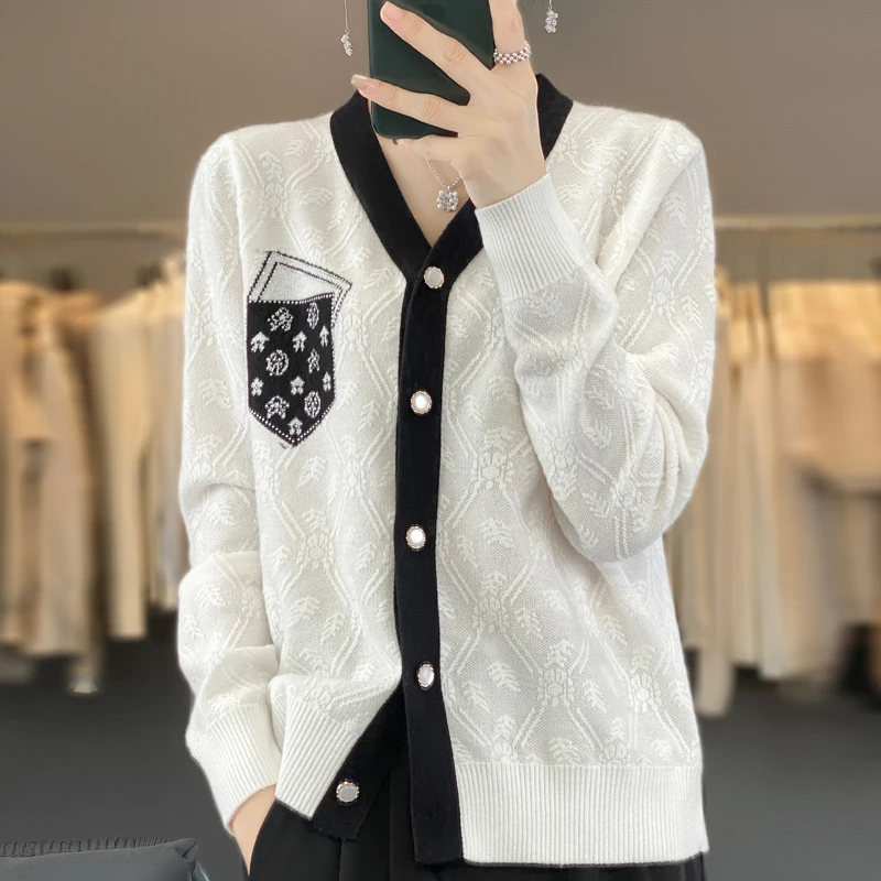 Cardigan de caxemira feminino, suéter com o pescoço, jaqueta solta, cardigan de malha monocromática, 2023