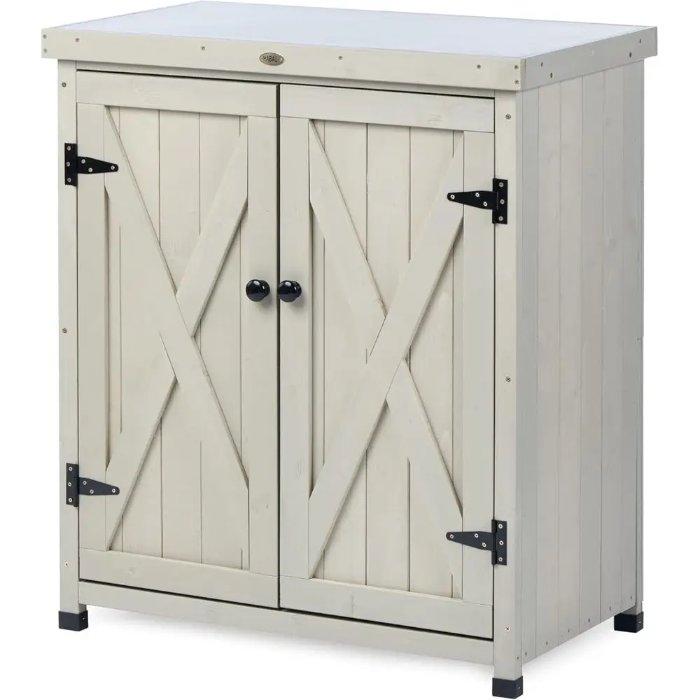 Outdoor Storage Cabinet, Patio Garden Workbench with Shelves & Metal Top, Wooden Potting Table Station