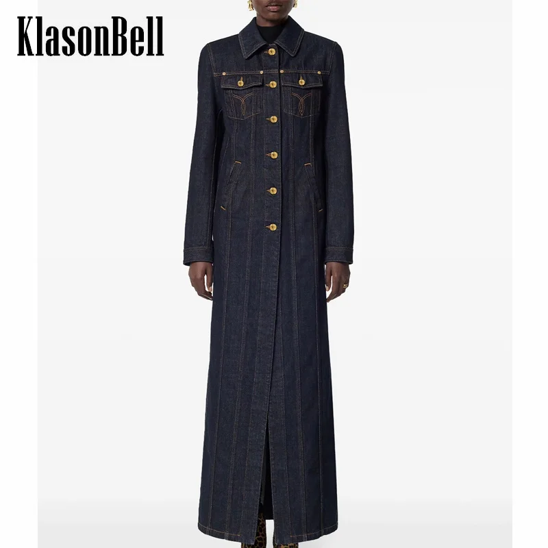 

9.30 KlasonBell Women Temperament Classic Gold Button Long Denim Jacket Lapel Spliced Slim Back Split Long Sleeve Outerwear