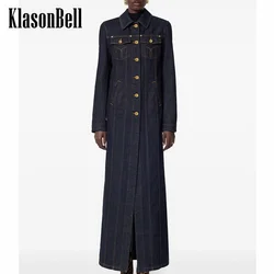 9.30 KlasonBell Women Temperament Classic Gold Button Long Denim Jacket Lapel Spliced Slim Back Split Long Sleeve Outerwear