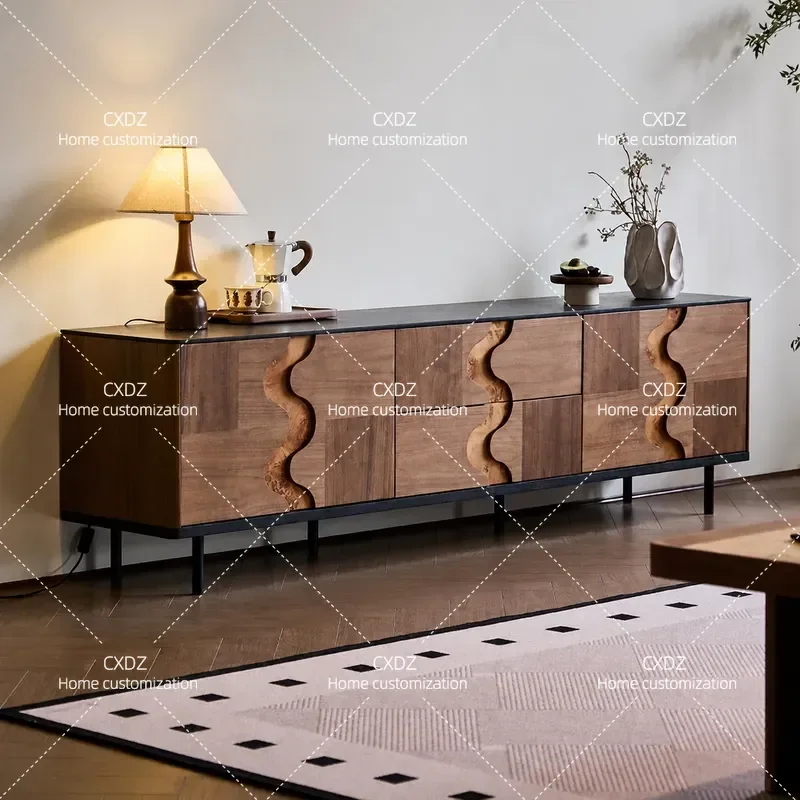 Medieval Style Solid Wood TV Cabinet Black Walnut Floor Storage Unit for Small Apartment Living Room Retro Home Furniture