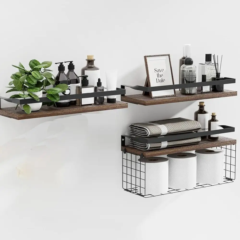 Wooden+Metal Bathroom Wall Mounted Shelf Strong Load-bearing Capacity With Storage Basket Toilet Storage Holder Large Capacity