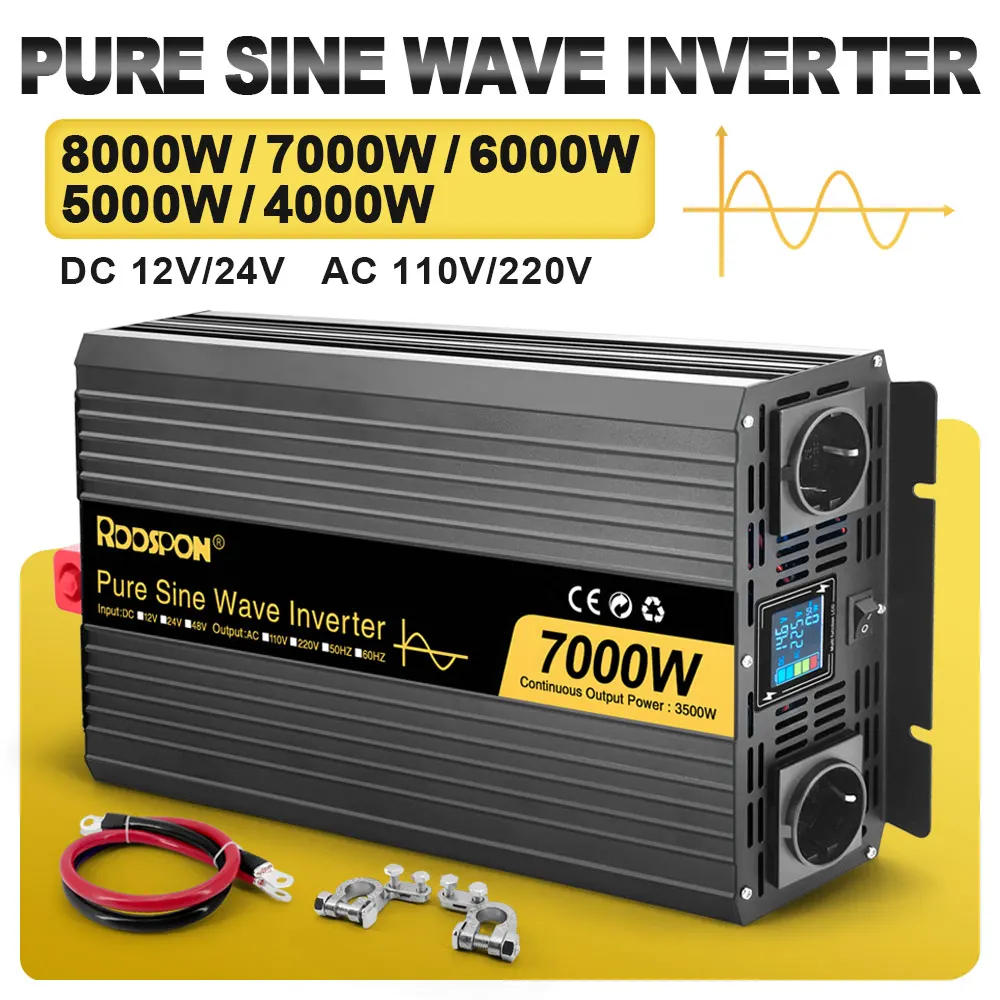 RDDSPON Pure Sine Wave Inverter 7000W Power DC to AC al European Standard Socket 12V 220V 50Hz Power Bank Converter Solar Car In