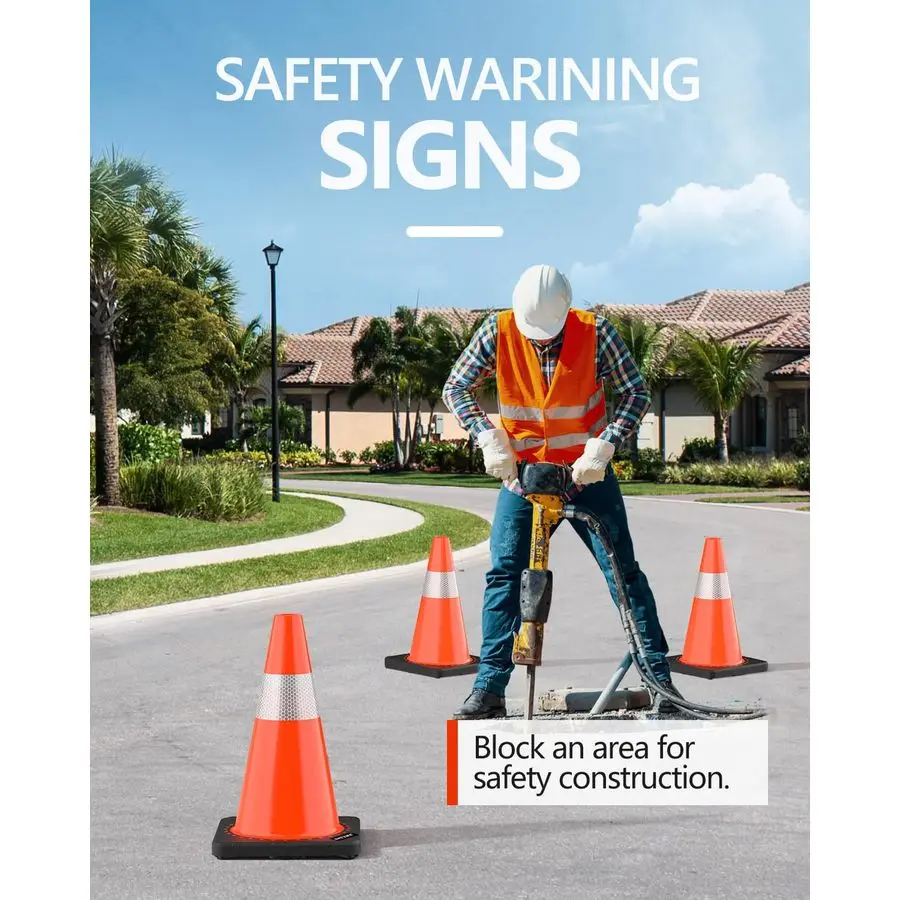 حزمة مخاريط المرور BATTIFE مقاس 18 بوصة مع قاعدة سوداء مرجحة، مخروط برتقالي PVC للتحكم في حركة المرور، وأحداث البناء، والممر R