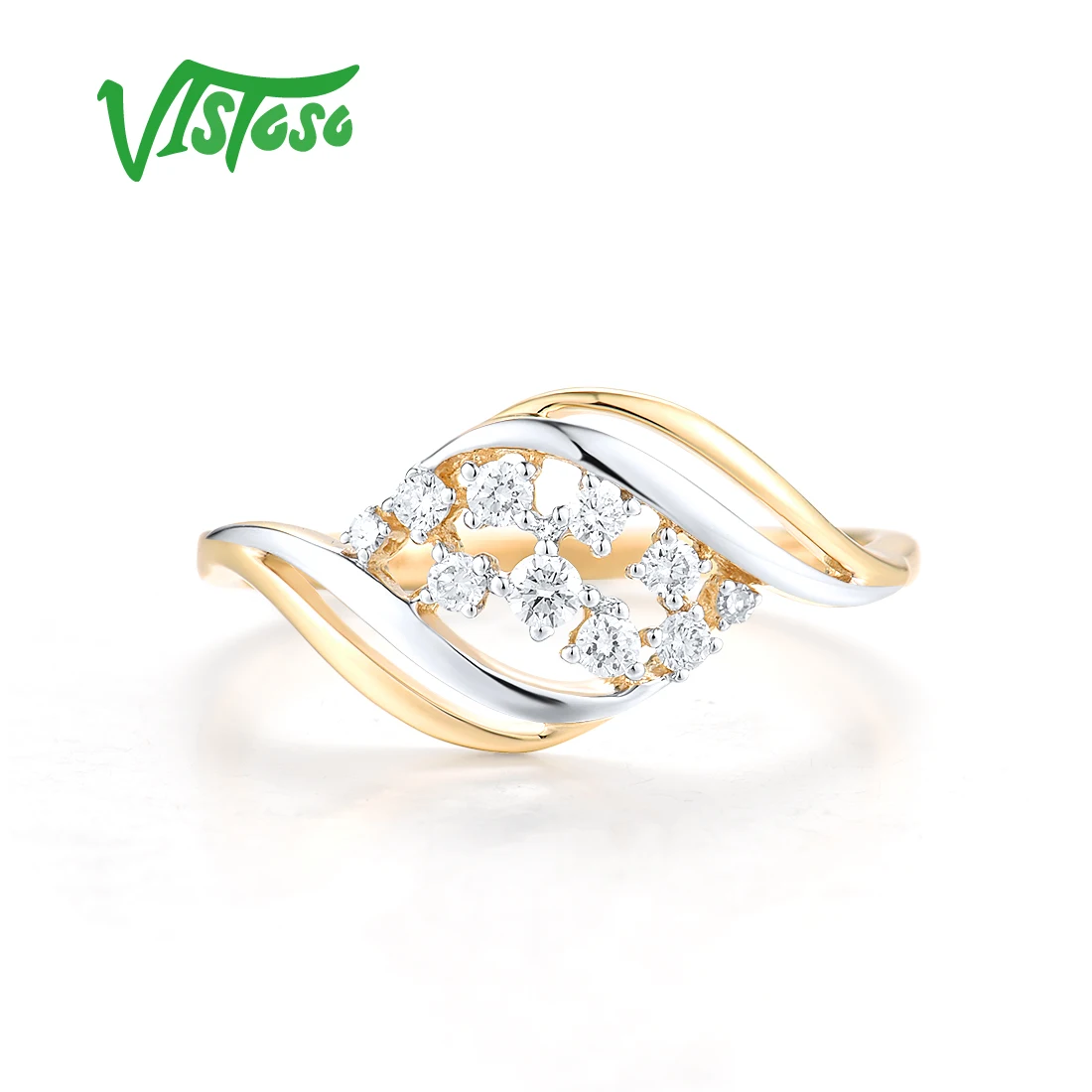 VISTOSO Genunine 14K 585 Yellow Gold Ring For Women Sparkling Diamonds Hollow Delicate Wedding Engagement Gift Fine Jewelry