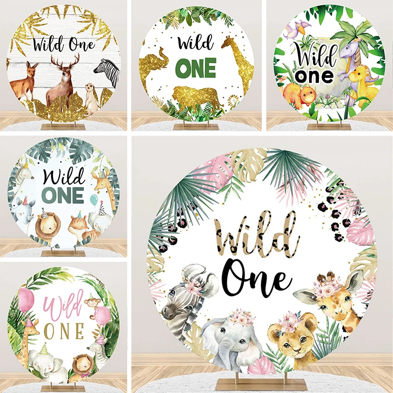 

Wild One Round Backdrop First Birthday Decoration Boy Girl Jungle Safari Theme 1st Year Party Animal Background Circle Cover