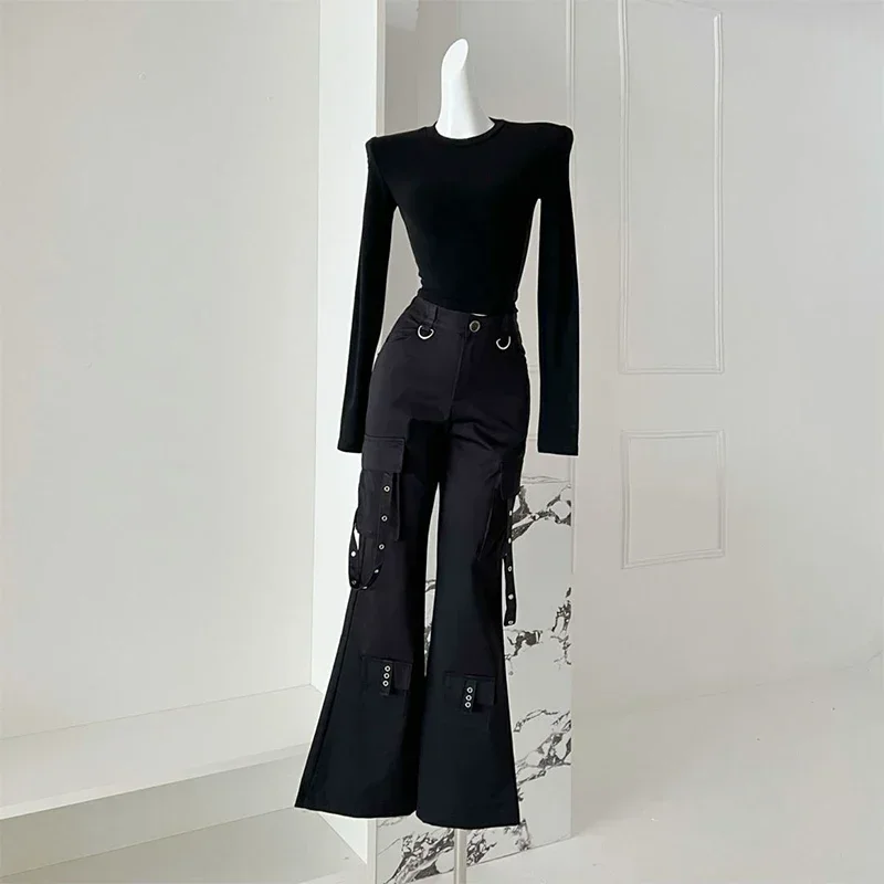 Women Black Gothic Flare Cargo Pants Baggy Streetwear Aesthetic Harajuku 2000s Punk Y2k Emo Pants Vintage Trousers Clothes 2024