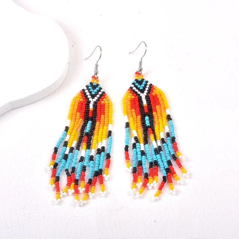 ZGMXR Rice bead earrings Pattern Rainbow Tassel Gradient Tidal current Hand weaving Bohemia Simplicity Versatile Beaded earrings