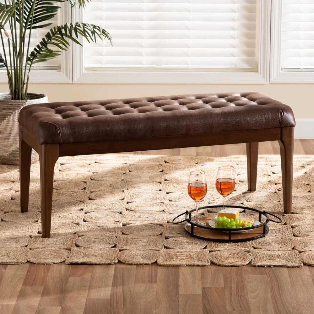 Mid-Century Modern Upholstered Dining Bench Solid Rubberwood Foam Padding Faux Leather Tapered Legs Indoor Assembly Required