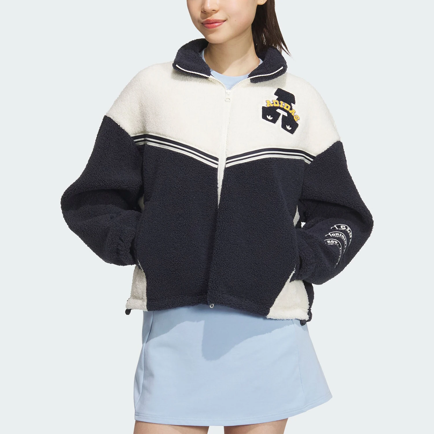 سترة رياضية نسائية أصلية من أديداس بثلاثة خطوط مرقعة وياقة واقفة JD6369 #1