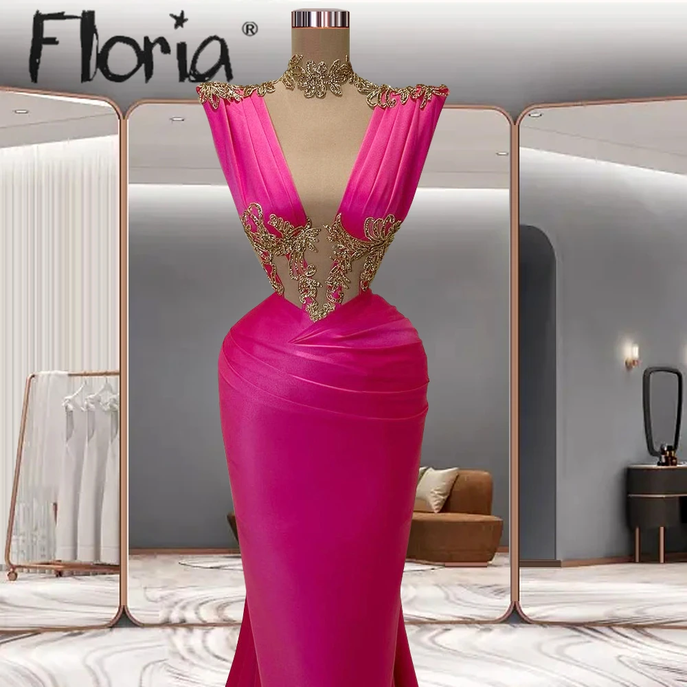 Hot Pink Pleated Elegant 2023 Prom Dress Sheer Neck Sheath Dresses With Embroidery Beaded Mermaid Wedding Party Gown Custom Made