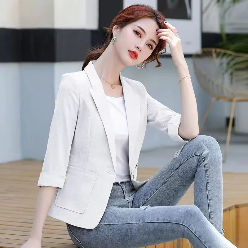 Women's Cotton Linen Short Suit Jacket Casual Slim Fit Breathable Button up Top for Spring Summer Commute And Office Wear
