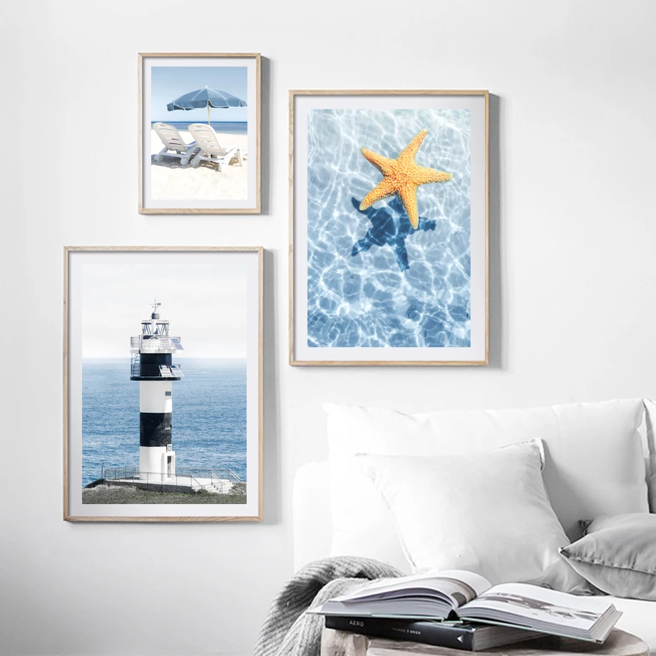 Blue Sea Beach Conch Lighthouse Sailboat Posters Prints Wall Art Canvas Painting Nordic Wall Pictures For Living Room Decor