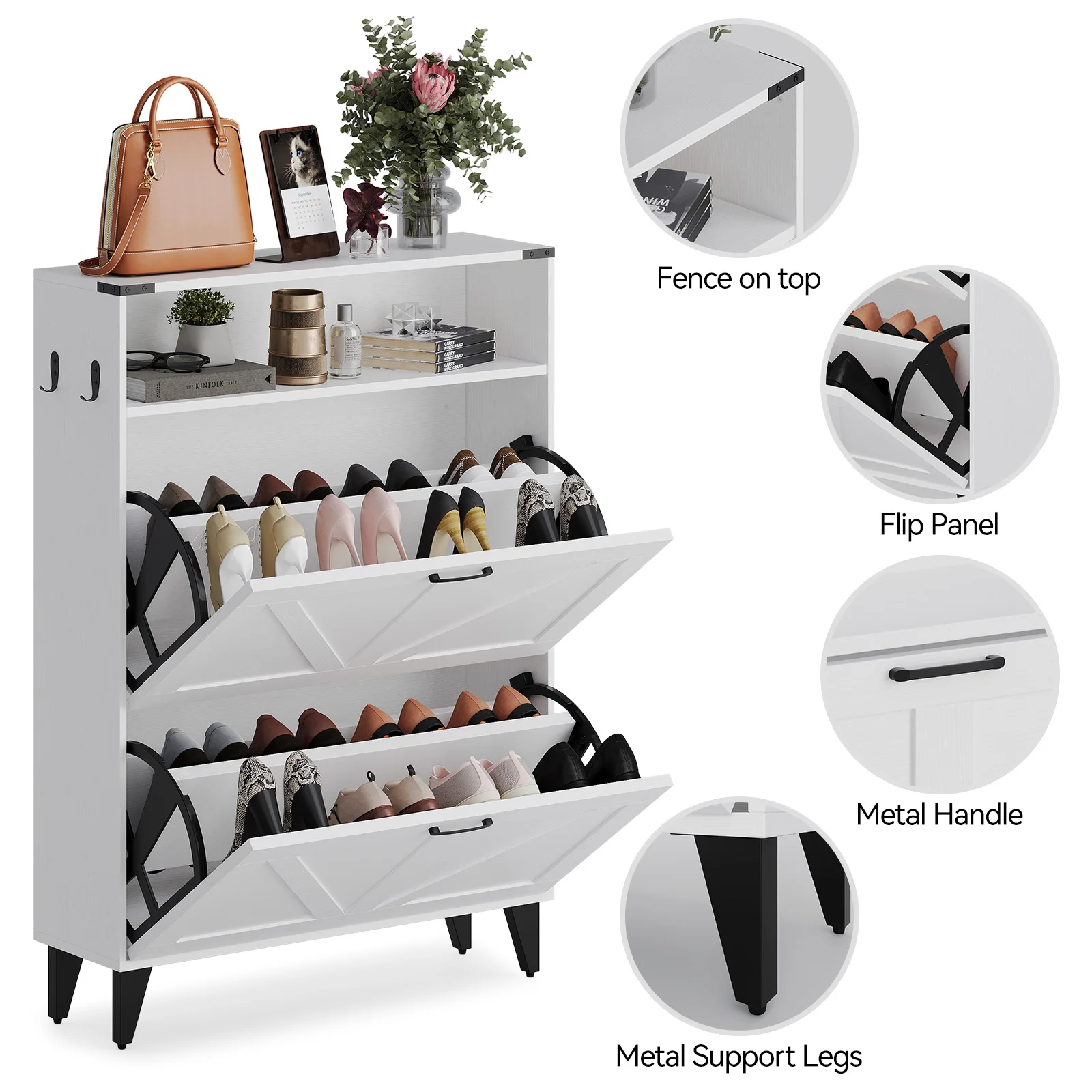 Shoe Cabinet with 2 Flip Drawers Front Door Shoe Rack with Metal Legs and Adjustable Shelf Shoe Rack for Front Door Entrance