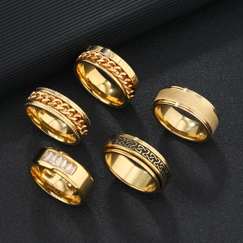 Gold Tone Stainless Steel Men Ring Set, Spinner Cuban Chain Celtic Knot Wide Band, Polished Anti‑fade Finger Jewelry for Male