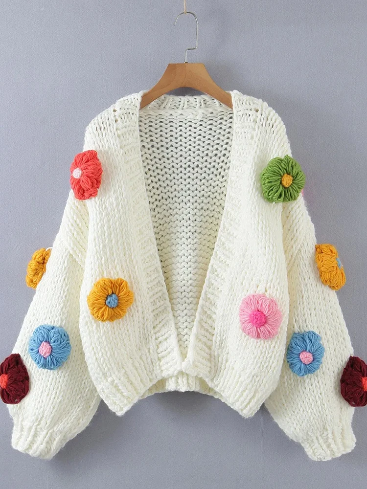 Sweet 3d Flower Loose Cardigan For Women Autumn Winter Cute Floral Sweater Jacket Streetwear Long Sleeve Jumper Knitted Outwear